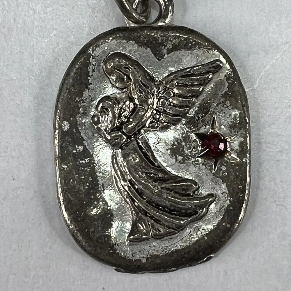 Vintage Silver Filigree Guardian Angel Keychain Religious Spiritual Red Stone 1